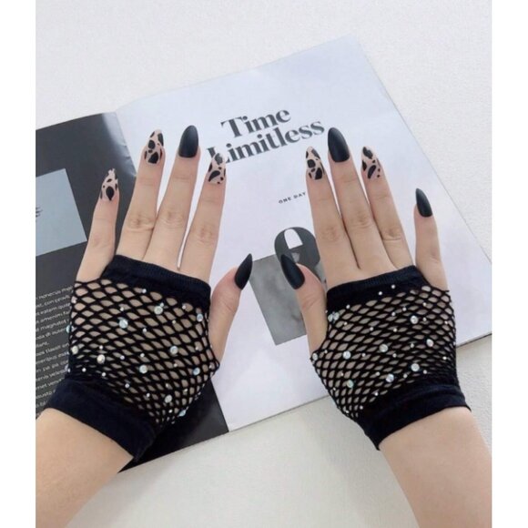 Unbranded Accessories - Women’s Punk Fishnet Rhinestone Fingerless Gloves Gothic Short Half Finger Sleev